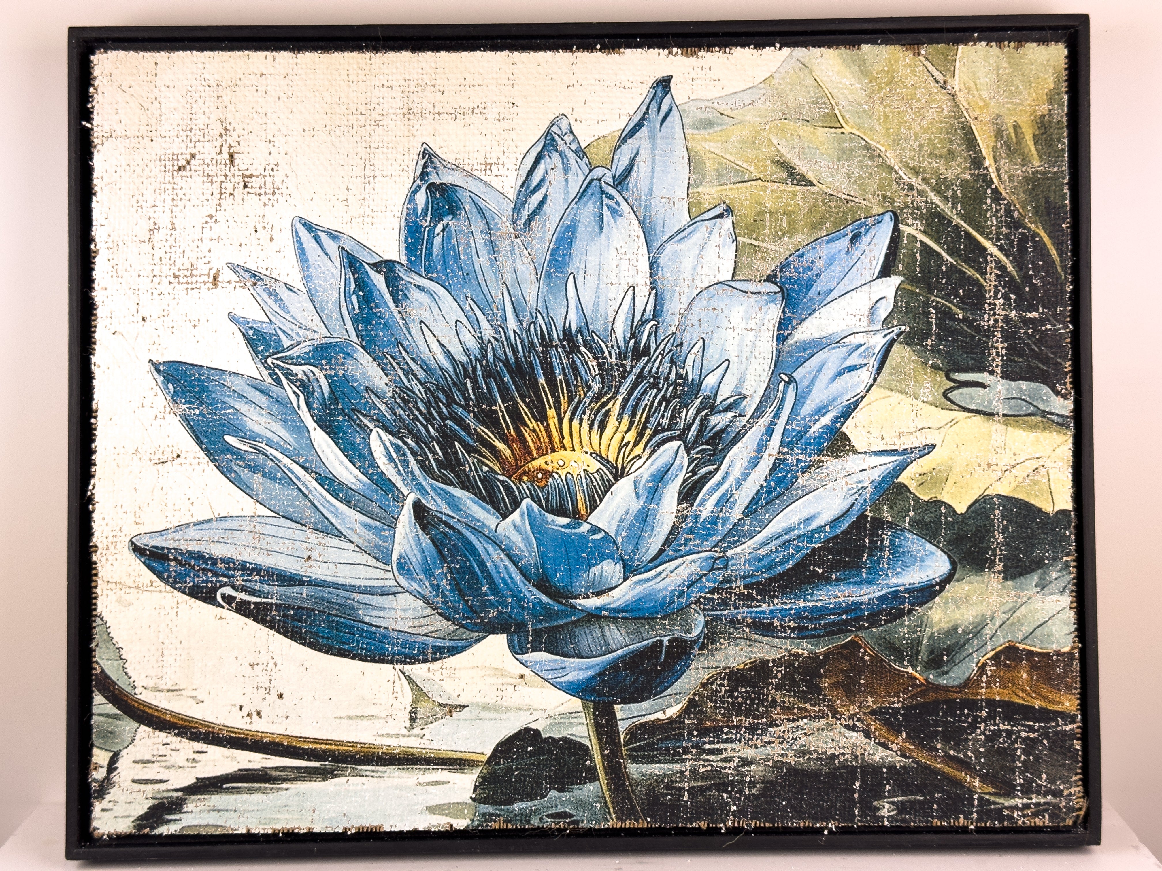 Hand executed antiqued textured finish blue lotus flower wall