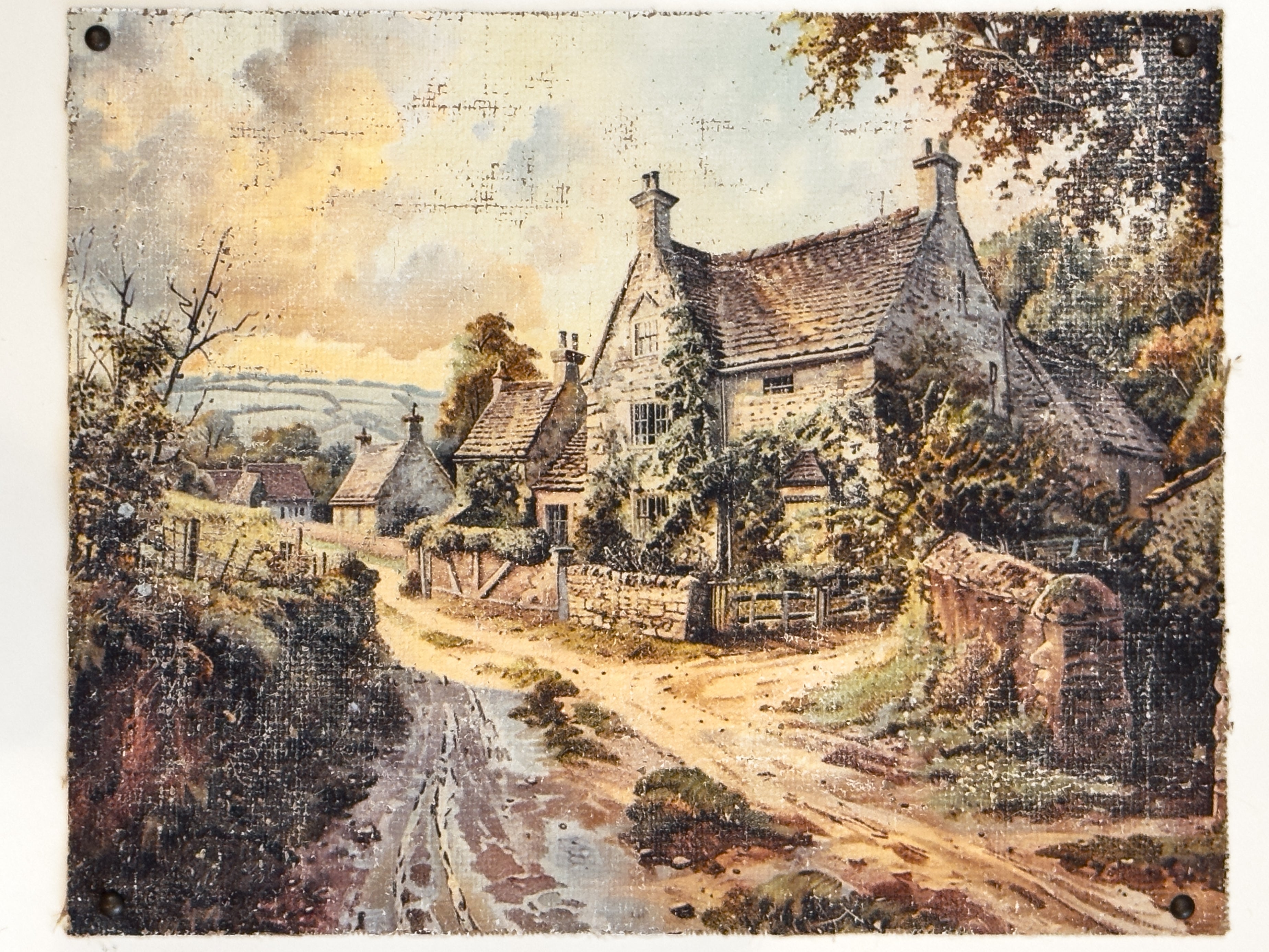 ヨーロッパ式刺繍絵タペストリー: A Cottage in the Forest Hand executed antiqued textured finish beautiful stone